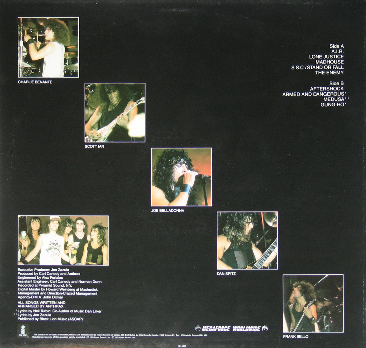 Back cover of Anthrax's 'Spreading the Disease' album featuring a black background with five individual band member photos, tracklist, and production credits. Includes images of Charlie Benante, Scott Ian, Joe Belladonna, Dan Spitz, and Frank Bello performing live, along with a group band photo.